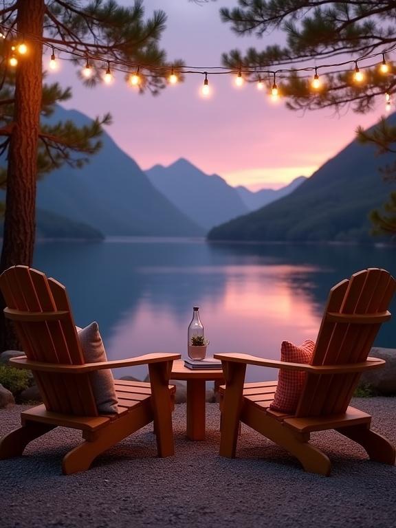 A serene outdoor scene by a lake with two Adirondack chairs, a small round wooden table, string lights overhead, a decorative bottle, and an open book. The lake reflects a purple and orange sunset with mountains in the background and pine trees surrounding the area.