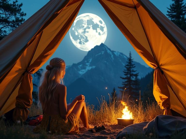 Inside a spacious tan canvas tent, a woman with silvery hair sits near the entrance. She gazes out at an alpine vista under a huge moon. A fire burns in a metal container, illuminating her dress and the tent interior. The view shows a snow-capped mountain illuminated by moonlight. Tall grasses and trees surround the tent. Fireflies flit among the foliage. The hiker appreciates the serene beauty in the cool mountain air.