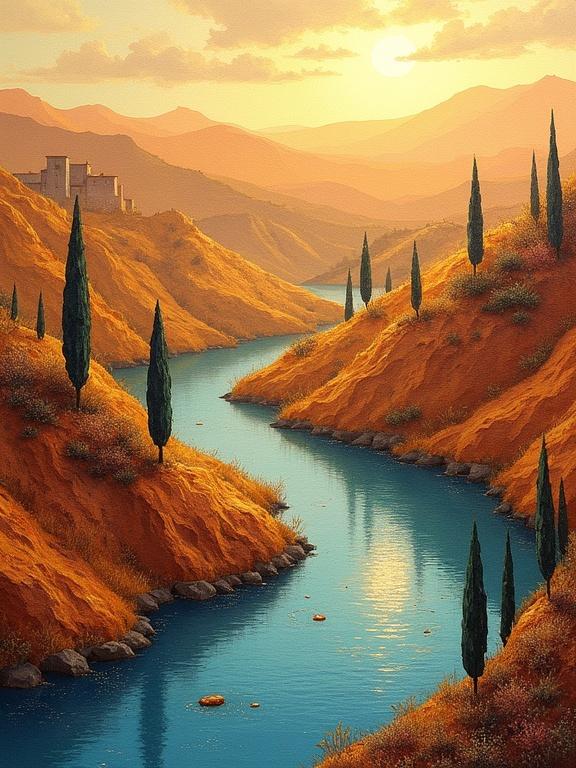 Luminous summer landscape inspired by Tuscany at golden hour. Ruffled paper-cut ridges glow in sunbaked ochre. River of deep cerulean winds through terrain. Slender cypress trees in dark umber overlay scene. Distant hills in slate gray and muted violet. Dreamlike surrealism and soft lighting.