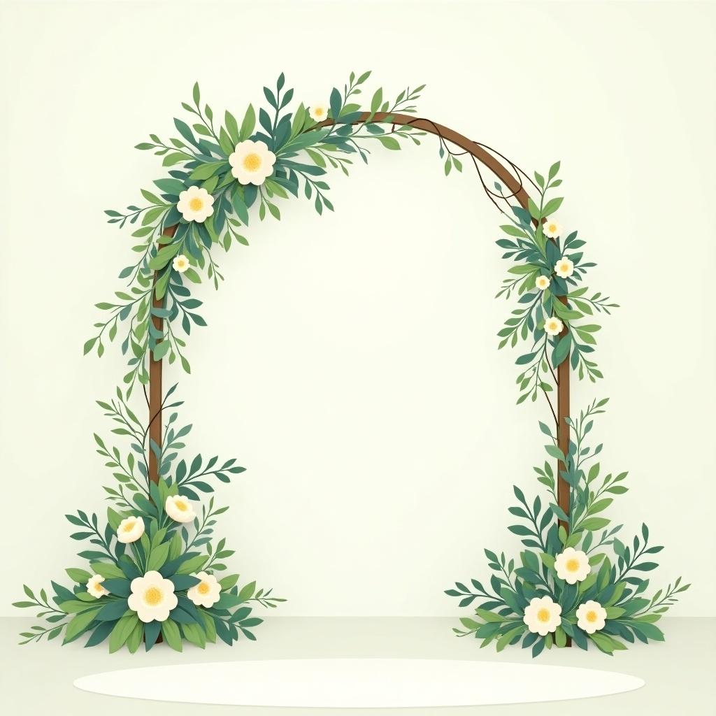 The image is an illustration that showcases a minimal stage wedding decoration. It features a beautifully designed arch made of wood, adorned with lush greenery and white flowers. The arch creates an inviting and romantic atmosphere, ideal for a wedding backdrop. The color palette consists of soft greens and natural brown tones, enhancing the serene feel of the decoration. The overall aesthetic is clean and simple, emphasizing the beauty of nature in a wedding setting.