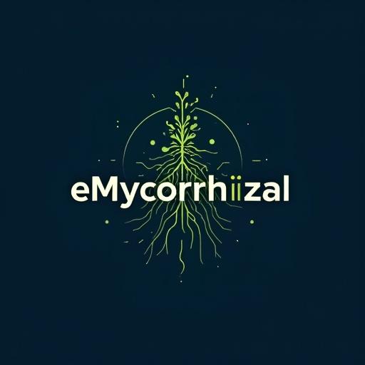 Design a masculine logo for the energy brand eMycorrhizal. Use symbiosis between fungi roots and plants as a visual metaphor. Include a network of roots and power lines from the word Mycorrhizal. The e is green and like a digital core. The root network forms a circuit board or energy diagram with clean icons hidden in typography. Use modern sans-serif fonts and geometric precision. Colors are green, blue, with accents in amber, violet, and lime.