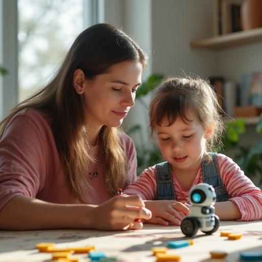A mother and her child collaborate on building a robot using colorful pieces. They are seated at a table filled with parts and tools, engaged in a joyful activity. The environment is bright with natural light and plants in the background.