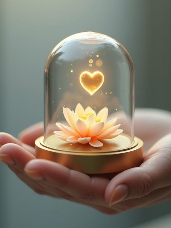 A gashapon capsule held delicately between two hands. Capsule shows a diorama with a luminous heart and lotus flowers. Capsule has crystal-clear walls and a golden base. Background is softly blurred in gray to highlight the capsule and create a dreamy atmosphere.