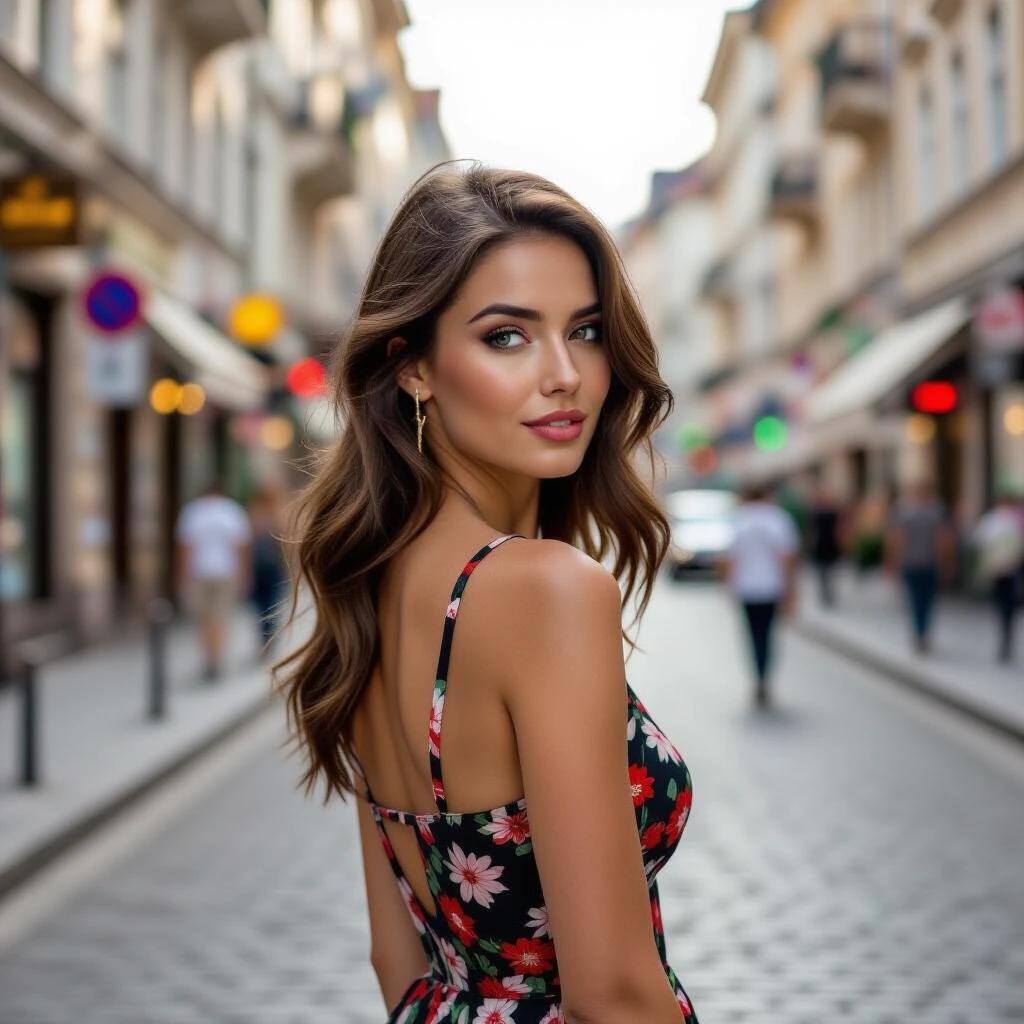 Street portrait photograph featuring a beautiful woman slight from behind. She turns her head left at a 45-degree angle showcasing her profile. Long dark red hair styled naturally. Wearing a vintage Art Deco style floral dress with intricate geometric patterns. Ultra sharp focus on the woman highlights the dress details. Background displays a busy street with blurred silhouettes of people. Natural light during golden hour enhances the atmosphere. A dynamic and slightly cinematic feel is given by the swirling bokeh.