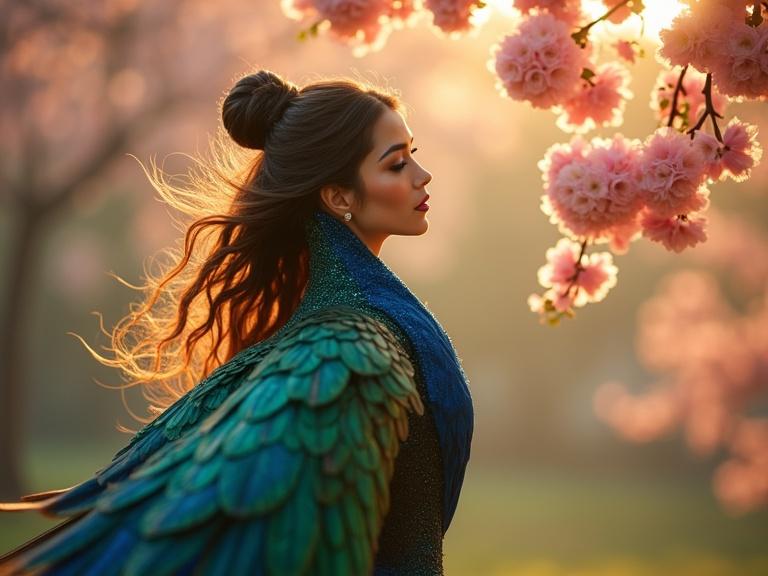 A woman sways gracefully, feathers shimmering in deep emerald and midnight blue. Golden light enhances her beauty. She smiles while flapping her wings, creating a breeze that rustles cherry blossoms.