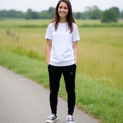 A person standing outdoors on a paved path. The background features a grassy field. The person is wearing a white t-shirt and black pants. They wear black and white sneakers. The person has long hair. They are smiling.