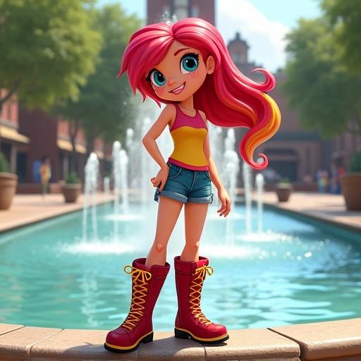 A human girl with red and yellow hair stands near a fountain. She wears a yellow and red shirt, denim shorts, and shiny red knee-high hiking boots with yellow laces. The setting is bright and cheerful.