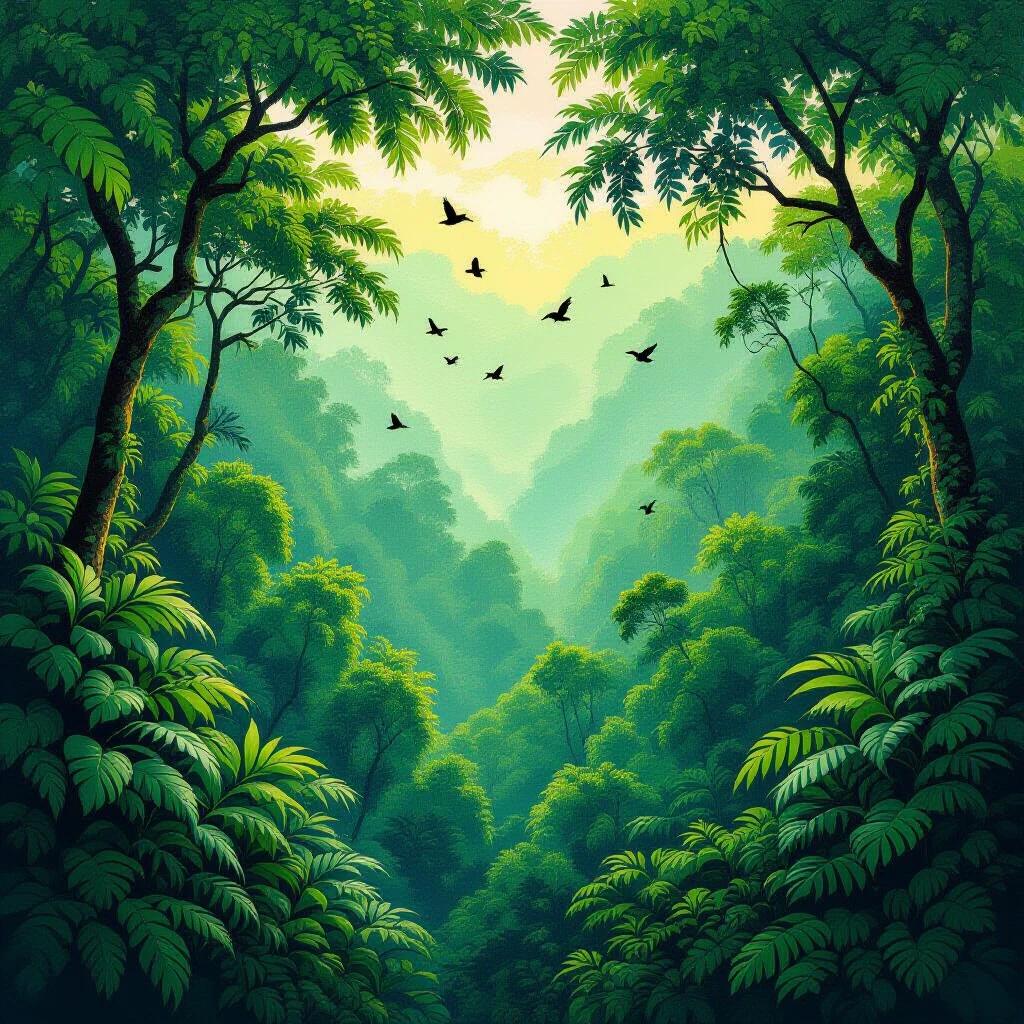 Dense tropical rainforest with a canopy filled with exotic birds. The art uses pointillist technique with thousands of green dots to create layered vegetation. The piece highlights biodiversity and ecological importance through systematic color placement. Contemporary study using classical painting techniques results in a masterpiece of rainforest pointillism.