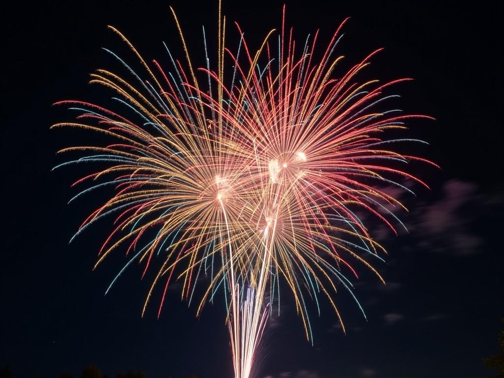 A vibrant, multi-colored firework explodes against a night sky, creating a stunning radial display. The explosion features bright colors like red, blue, yellow, green, and purple that light up the dark backdrop. The arrangement of the fireworks is symmetrical and captures attention. The image evokes feelings of joy and excitement associated with celebrations. Ideal for promoting events or holiday festivities.