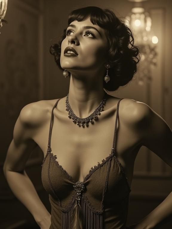A vintage black and white photo depicting a beautiful woman with a slender figure. She wears a stylish 1920s flapper dress and poses in an elegant manner. The setting reflects a speakeasy club atmosphere, with a soft focus effect reminiscent of early 1900s photography.