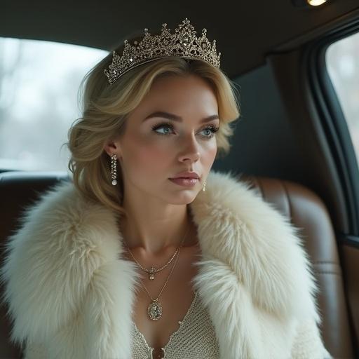A portrait of a young woman dressed like a Nordic princess with a crown sitting inside a Rolls Royce car. She wears luxurious clothing with a fur coat and elegant jewelry.
