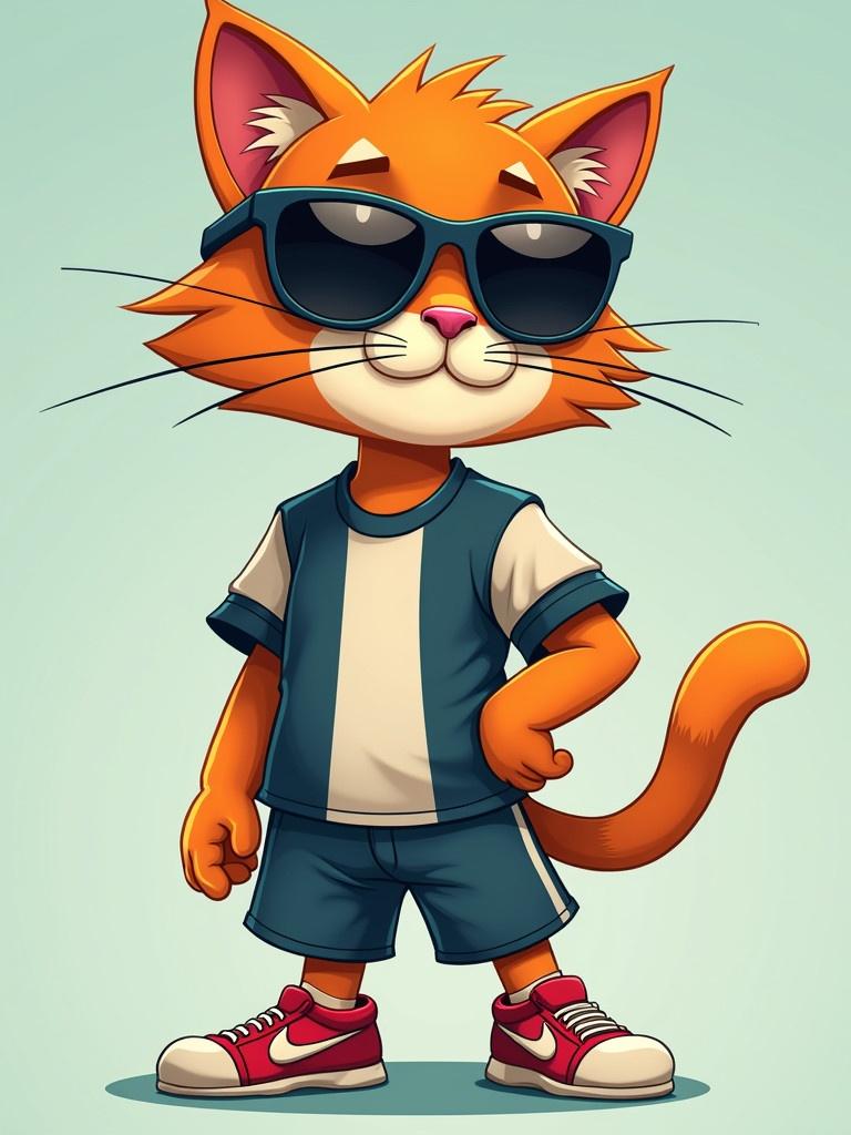 Cartoon image of a cool cat character. Cat wears sunglasses. Cat wears a football shirt. Cat wears shorts. Cat stands confidently with hands on hips.