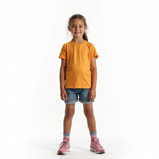 A ten-year-old girl stands confidently in a bright orange t-shirt and denim shorts. She is smiling, wearing pink shoes. The background is white. Her appearance is cheerful and athletic.