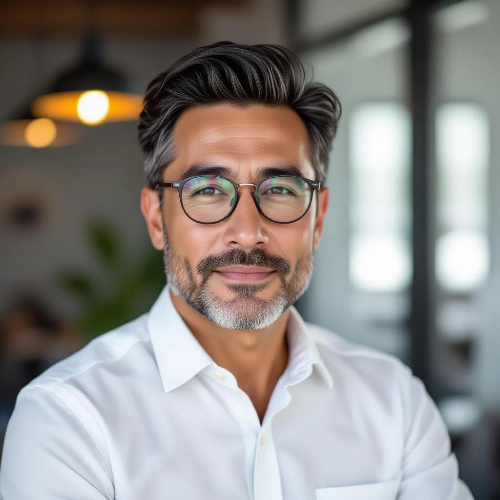 Asian man of middle age with natural wrinkles wearing metal glasses and slightly wrinkled white shirt. Office background with soft side window light. Calm expression and direct look at the viewer.
