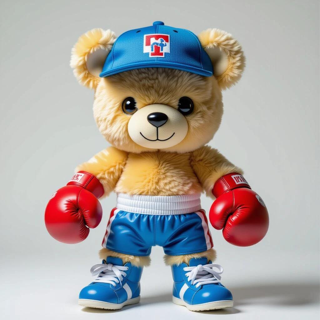 Toy bear has boxing gloves and sports clothing. Bear wears a cap and blue sneakers. Background is plain white. Image shows the bear in sharp focus with cinematic lighting.
