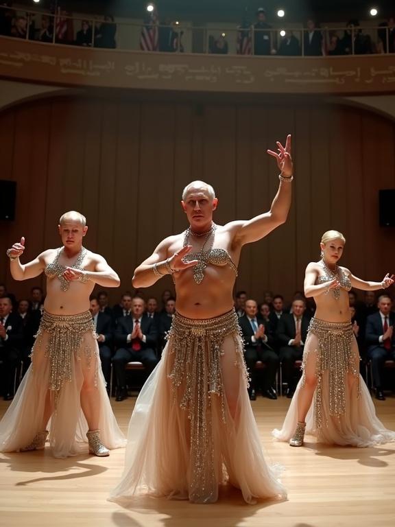 Highly realistic indoor event hall with polished floors and LED lighting. Centered on the stage, performers wearing glittering belly dancer costumes. Faces and hairstyles identical to real-world appearances. Serious expressions as they pose. Background features audience members in suits clapping or whispering, creating a surreal atmosphere.