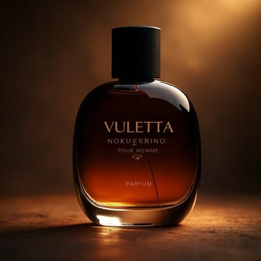 Sleek modern perfume bottle with rounded dark amber upper half and deep dark orange gradient base. Simple black cap. Dramatic background emphasizing elegant design. Unique font displaying 'VULETTA' at the top. 'NOKTURNO' in the middle and 'POUR HOMME' below it. 'PARFUM' at the bottom. Light leaks.