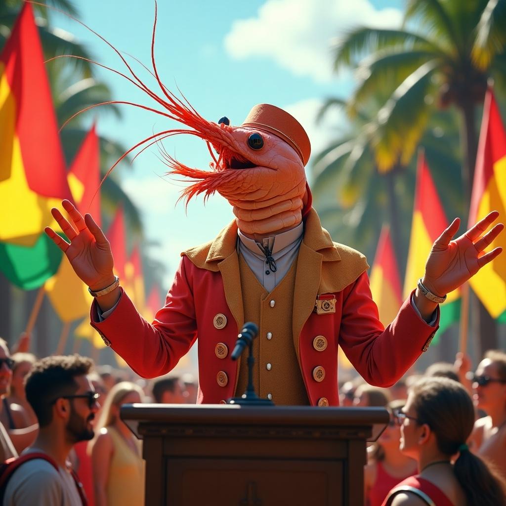 The image depicts a comedic scene featuring a humanoid figure with a shrimp head, dressed in a stylish red and gold outfit similar to those of political leaders. This character stands confidently at a podium, gesturing with its arms as if delivering an impassioned speech. Palm trees and colorful flags populate the background, suggesting a festive atmosphere. The crowd appears enthusiastic, with various folks in summer attire enjoying the event. The lighting is bright and cheerful, adding to the playful tone of the scene. The overall vibe is a blend of humor, politics, and a tropical celebration.