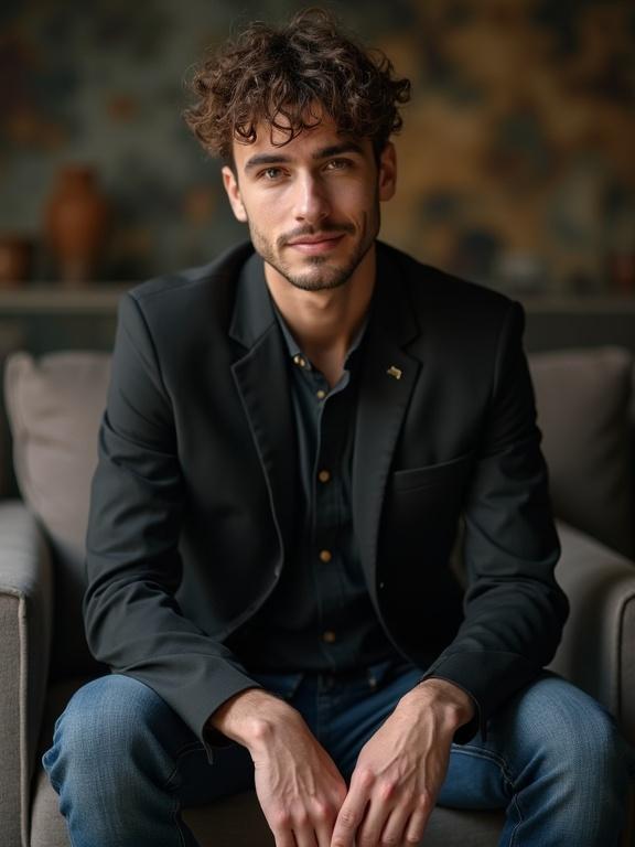 Man with curly hair in a black blazer smiles while sitting on a couch. Casual setting. Low-quality photo style.