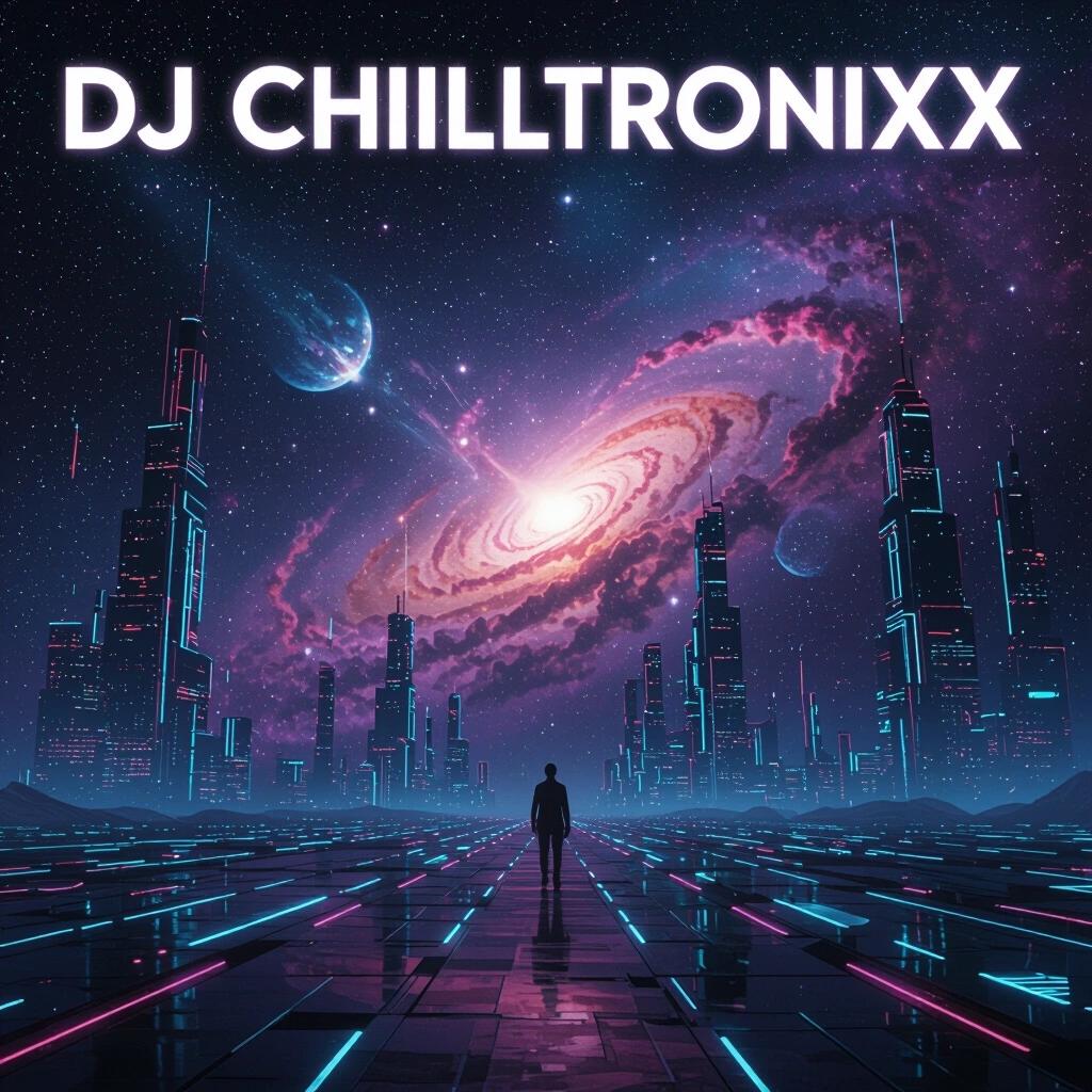 Artistic album cover featuring a captivating nebula sky. Vast neon megastructures reach toward the stars. A figure stands in awe of the wild expanse. Text overlay reads DJ Chilltronixx.
