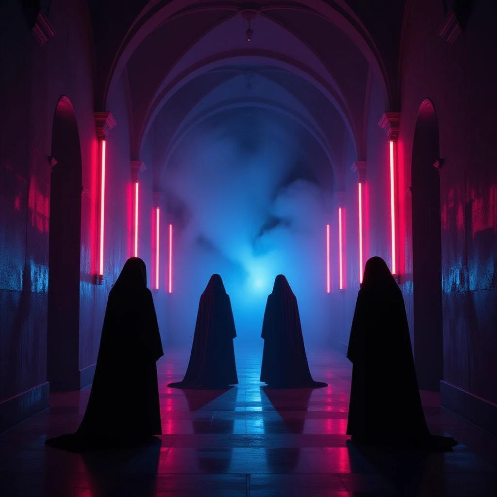 Four dark figures stand silhouetted in a corridor with arched walls. Vertical red neon tubes illuminate the corridor. A faint blue mist swirls in the center. Shadows blend with bright lights creating a mysterious ambiance. Scene evokes artistic intrigue and cinematic quality.