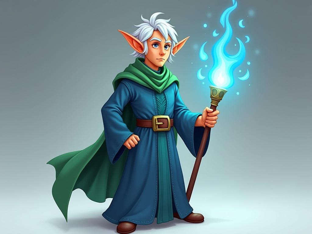 The image shows a magical elf character with pointed ears and white hair wearing a blue robe and a green cloak. He is holding a glowing staff adorned with ethereal blue flames. The character looks wise and powerful, standing confidently with a neutral expression. He has a belt around his waist, emphasizing his attire. The background is a simple gradient, focusing attention on the character. This elf appears to be a wizard, likely from a fantasy story, showcasing elements of magic and adventure.