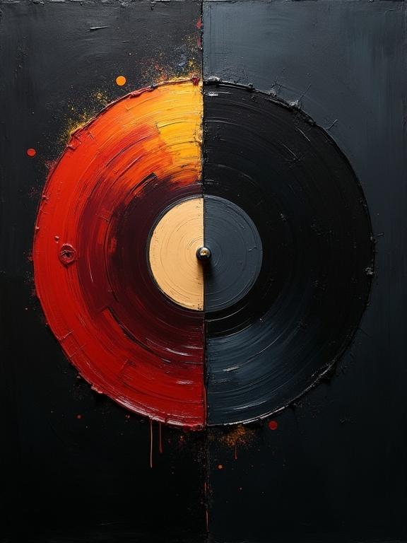 Digital abstract expressionist oil painting with a black background. Features harsh paint strokes. Includes cubist and unfinished artistic elements. Flat colors blend with a dynamic silhouette design. Minimalist style shows voids shaped like a split record album. The light side is vibrant, while the dark side reveals heavy corruption.