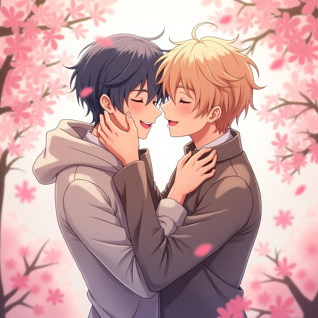 Anime illustration of a young male couple embracing among pink blossoms. The characters are drawn with soft features and expressions of affection. Colors are pastel and warm, creating a romantic atmosphere.