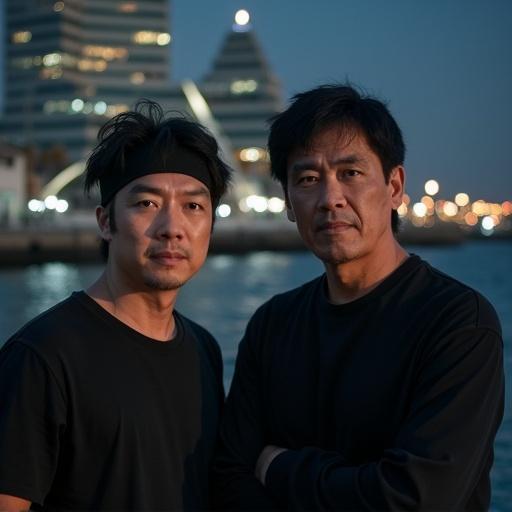 Two middle-aged Asian men stand on the seashore at night. Left man has short black hair, black headband, black T-shirt. Right man has short black hair, black headband, black long-sleeved shirt. Background shows modern building with geometric shapes and bright lights. Calm sea surface. They face the camera with serious expressions. Photograph has soft lighting and serene atmosphere.