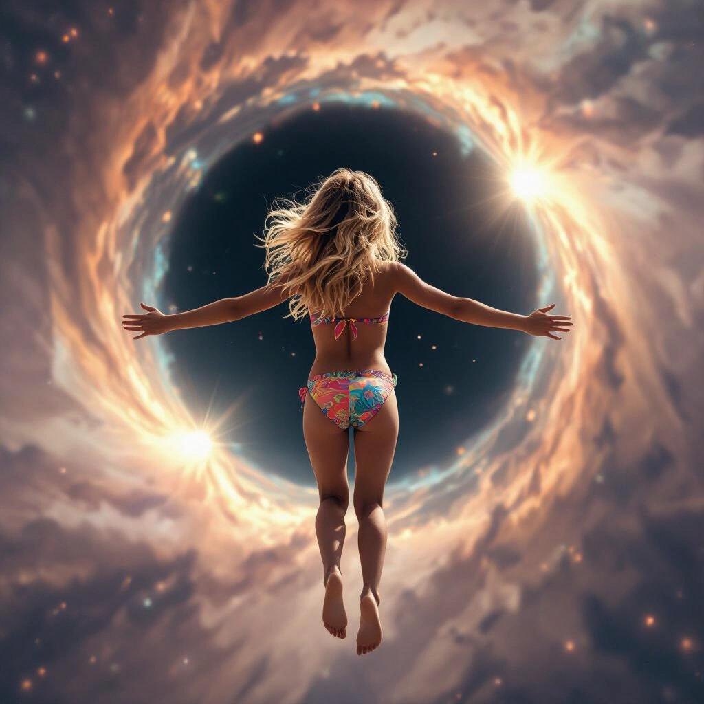 Blonde girl flying near a black hole in outer space full-body view. Arms and legs extended with feet closeup. She wears a colorful bikini. Cosmic environment above.