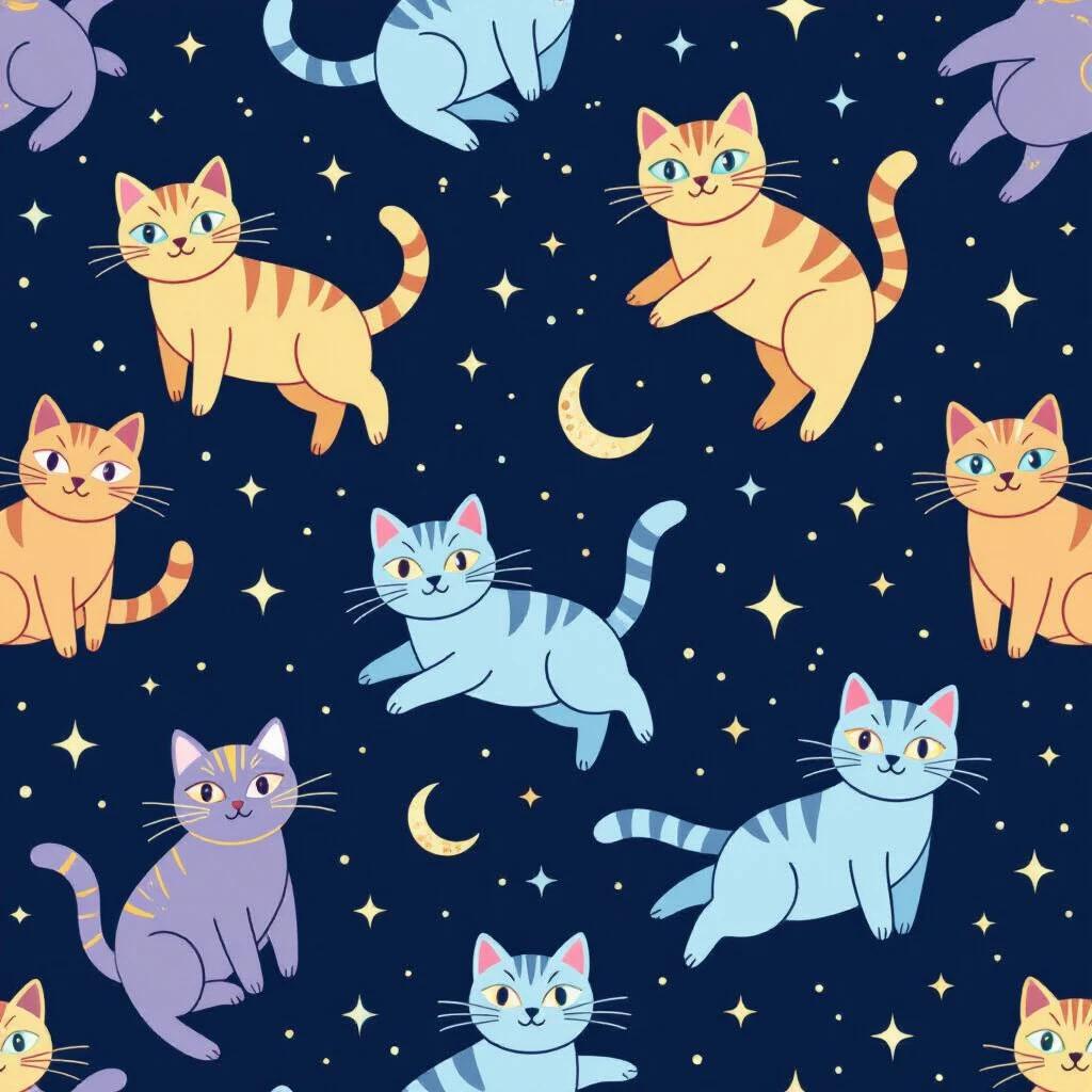 Seamless repeating pattern design features cats floating in space. Simplified geometric shapes with metallic gold and silver. Glowing cyan eyes. Surrounded by constellation dots and shooting stars. Cats in different angles. Tiny planets, crescent moons, and star clusters fill spaces. Deep navy blue background with subtle purple gradient. Dreamy mystical atmosphere. Clean lines and soft glowing effects.