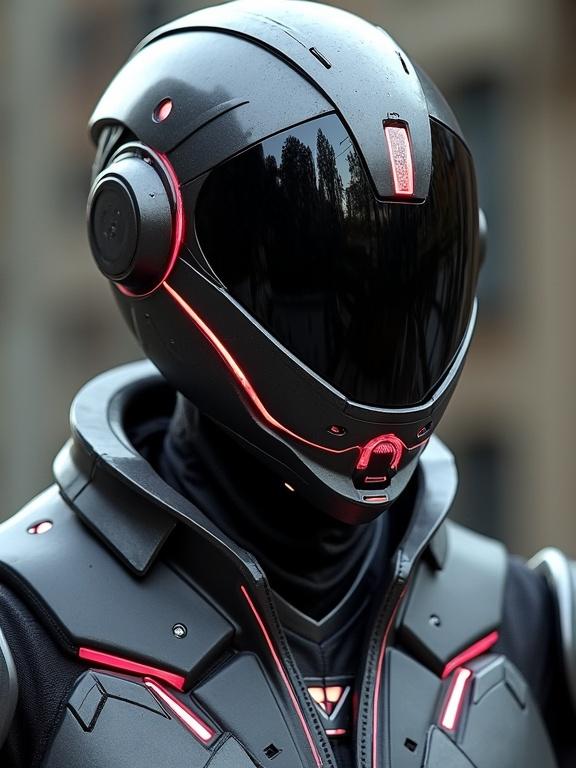 A sleek power suit with a high-tech design. A sharp aerodynamic visor plate helmet sits atop the suit. The suit is predominantly black with hints of silver and vibrant red accents. This futuristic outfit showcases advanced technology features.
