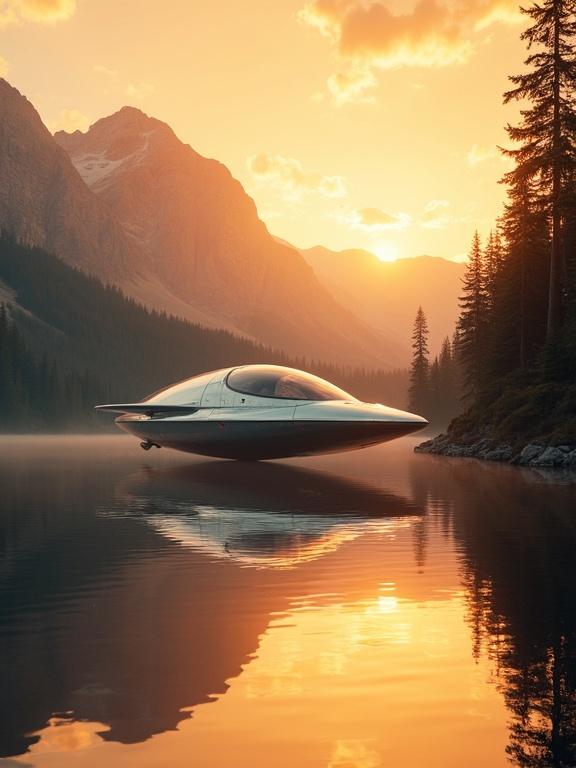 Hyperrealistic wide shot of a mountain lake at sunset. Glass-like lake mirrors the sunset sky and forests. A sleek spaceship hovers above water. Warm golden light casts shadows highlighting textures. Tranquil and awe-inspiring atmosphere. Ultra-detailed, sharp focus, cinematic lighting.