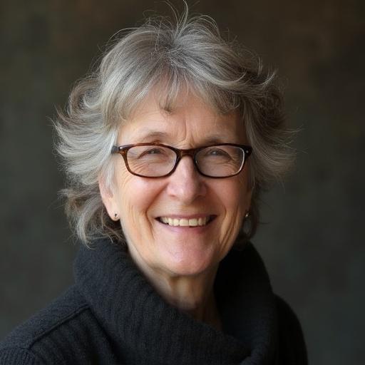 Portrait of a senior woman with short gray hair wearing glasses. She has a warm smile and is dressed in a black sweater against a neutral background.