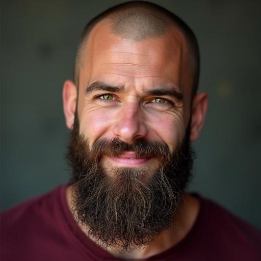 Portrait of a man with green eyes and a long beard. He has a shaved head and a muscular build with a shy smile. He wears a maroon t-shirt. Focus on natural features and warm expression.