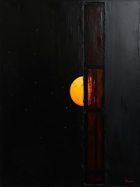 Digital oil painting with a black background. Harsh paint strokes visible. Cubist and unfinished artistic elements are presented. Flat colors combine with dynamic silhouette design. Minimalist style features repeating voids shaped like film negatives. Shadows combine with cubist edges resembling film strips.