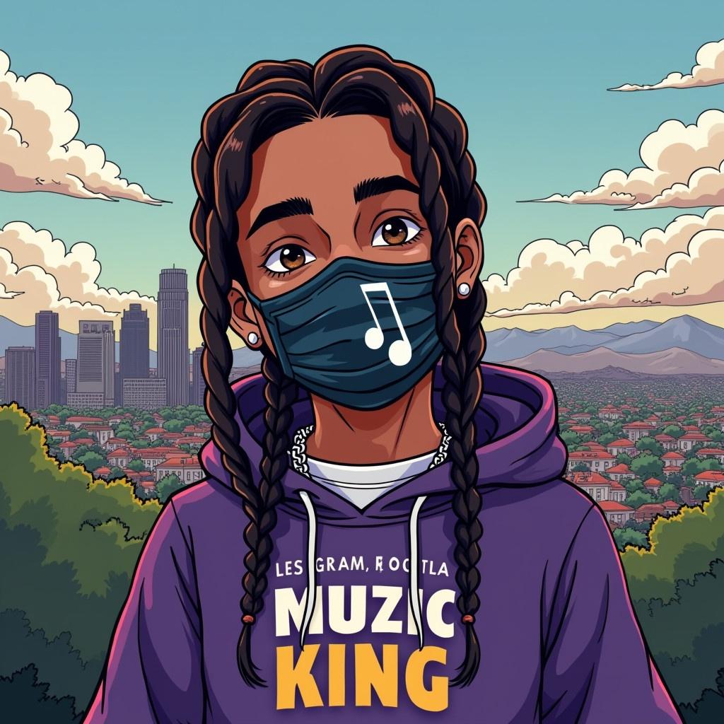 A cartoon rapper with braids. A mask covers the mouth with a music note design. The rapper wears a hoodie that says Muzic King. The background features the Los Angeles city view. The illustration resembles hip-hop culture.