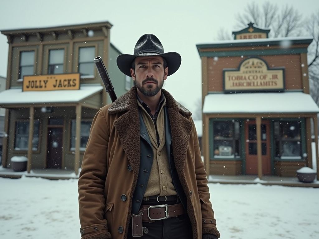 The scene depicts a wintery street in a vintage town setting, likely inspired by the late 19th century. In the foreground, a rugged character stands proudly, wearing a western hat and a leather jacket that shields him from the cold. He holds a firearm on his hip, suggesting he is a gunslinger or a lawman of the era. Behind him, there are two storefronts: one is a tobacco shop named 'Jolly Jacks', and the other is a general merchandise store. Snowflakes gently fall from the overcast sky, adding to the tranquil yet chilly atmosphere of this Old West scene.