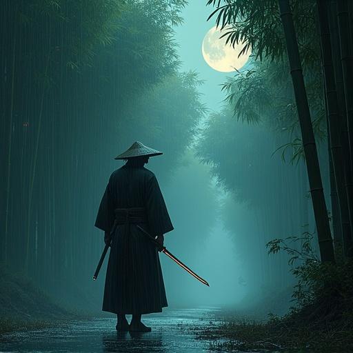 Photorealistic depiction of a lone samurai in a bamboo forest. Rain-soaked scene at dusk. Samurai stands slightly off-center, gripping a katana with a glowing edge. Background features misty horizon, bamboo stalks swaying in the wind. Silver light of a crescent moon illuminates the scene. Color palette includes deep greens, grays, silvers, and neon accents. Themes of discipline, resilience, and solitude.