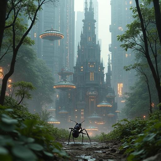 A giant futuristic city rests on the back of a walking ant. Skyscrapers with glowing lights rise in the background. Hovering vehicles and elevated roads fill the scene. Urban life unfolds in a forest location. Macro perspective reveals detailed textures. A surreal fusion of nature and high technology emerges in this imaginative composition.