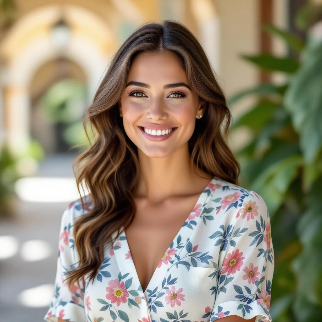 A woman smiles in a floral dress in a sunny outdoor setting with greenery in the background.