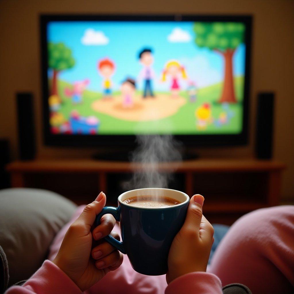 A cozy scene with a steaming mug held by a child in pink pajamas. Television shows cartoons with colorful characters. Image captures warmth and comfort of family viewing.