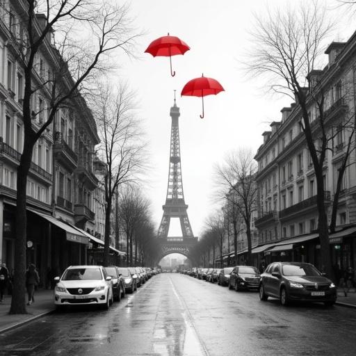 Realistic black and white image of a Paris street. Eiffel Tower in background. Red umbrella hanging in the street.