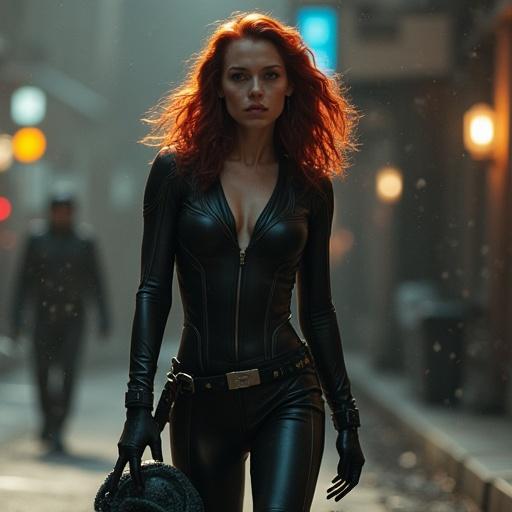 Scarlett Johansson embodies Black Widow. She wears a sleek black latex bodysuit. The outfit features a deep neckline and black sneakers. In the scene, she confronts an alien facehugger. The setting has a moody atmosphere. The character exudes power and confidence.