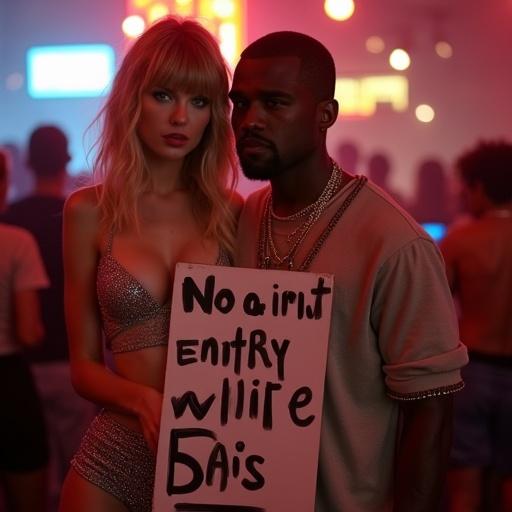 Scene in a nightclub. Woman holds a sign reading no entry white bois. Woman has long blonde hair. Man stands beside her. Vibrant nightlife atmosphere. Focus on characters in close proximity.