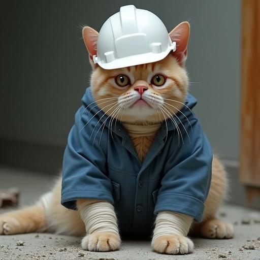 A semi-realistic cat wears a white hard hat and blue work jacket. The cat has a dazed expression. Its body is wrapped in excessive bandages like a mummy. The cat sits slouched on the floor with a sweat drop. The scene depicts a comical injury aftermath in a construction site.