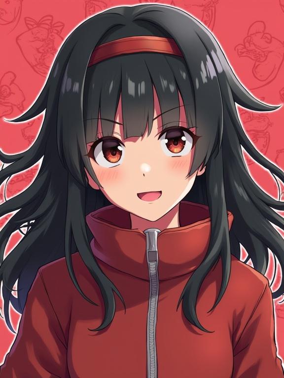 A young girl with long black hair and brown eyes. She wears a red zip-up jacket against a red background. Her expression is cheerful and friendly.