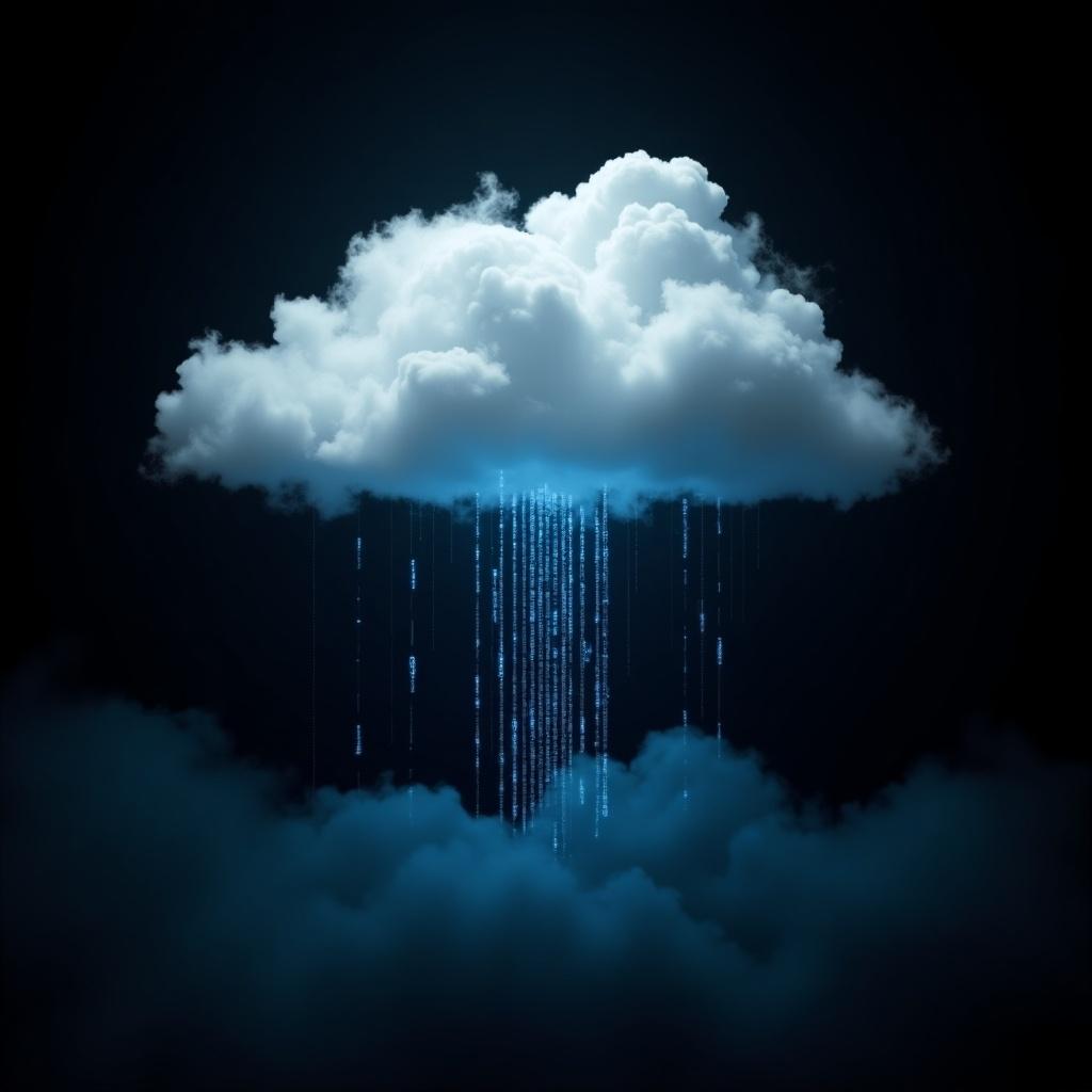 Image of a fluffy cloud emitting blue binary code against a black background. Cloud symbolizing technology and information. Additional misty clouds are present below. The atmosphere conveys a sense of digital transformation and cloud computing.