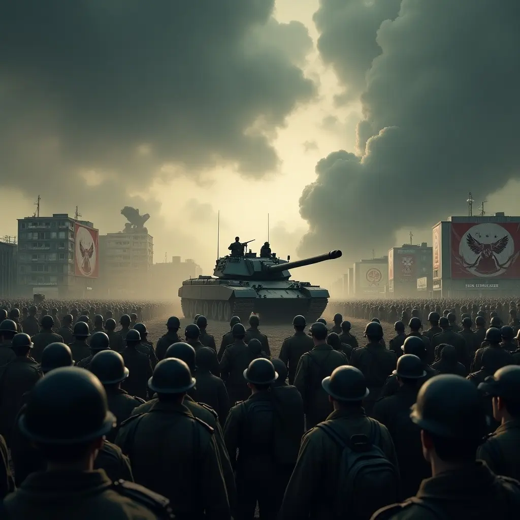 An intense scene illustrating the start of World War 3. The sky is dark and tumultuous, creating an ominous atmosphere. In the foreground, a large crowd of soldiers stands rigidly, facing a military tank that dominates the center. The skyline features ominous clouds and buildings under threat. Billboards in the background add to the tension of the scene. This powerful visual evokes feelings of fear and uncertainty about the seriousness of global conflict.