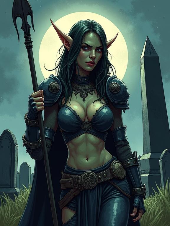 Hand-drawn comic book style artwork of a female goblin with a spear wearing heavy armor in a graveyard. Moonlight casts dramatic shadows with a black obelisk in the background. Art features realistic proportions and vibrant colors in a cinematic composition.